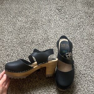 MIA Black Leather Mules with Wooden Heel